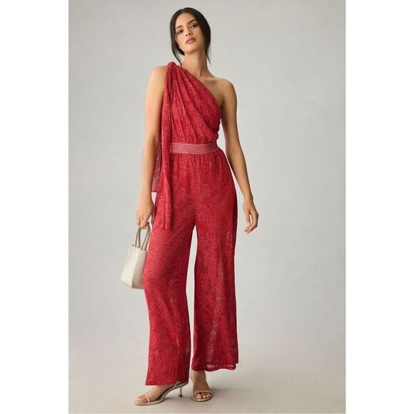 NWT Anthropologie Cecilia Prado One-Shoulder Draped Jumpsuit Red MetallicSize